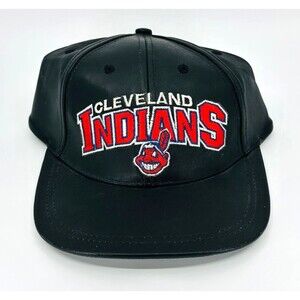 MLB Cleveland Indians Chief Wahoo Black Leather Cap Hook&Loop Strap Back Vtg NWT